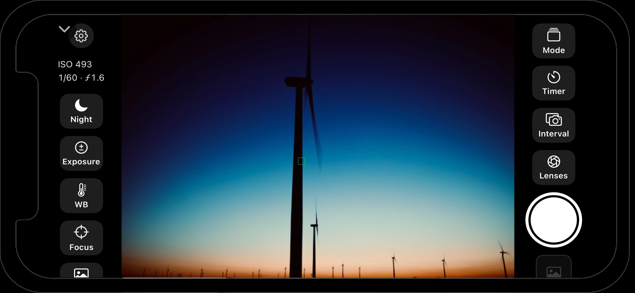 Twilighscapes camer is infinitely configurable Camera interface showing a wind turbine farm at sunset