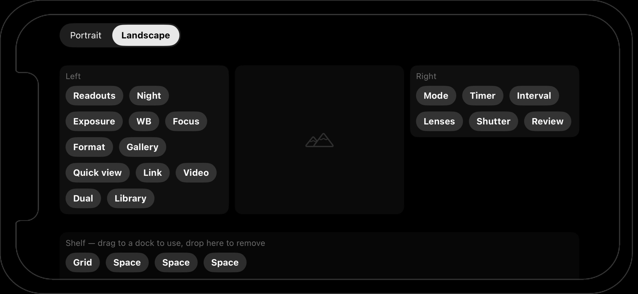 Twilightscapes camera is drag and drop Twilightscapes camera interface showing drag and drop ordering of buttons